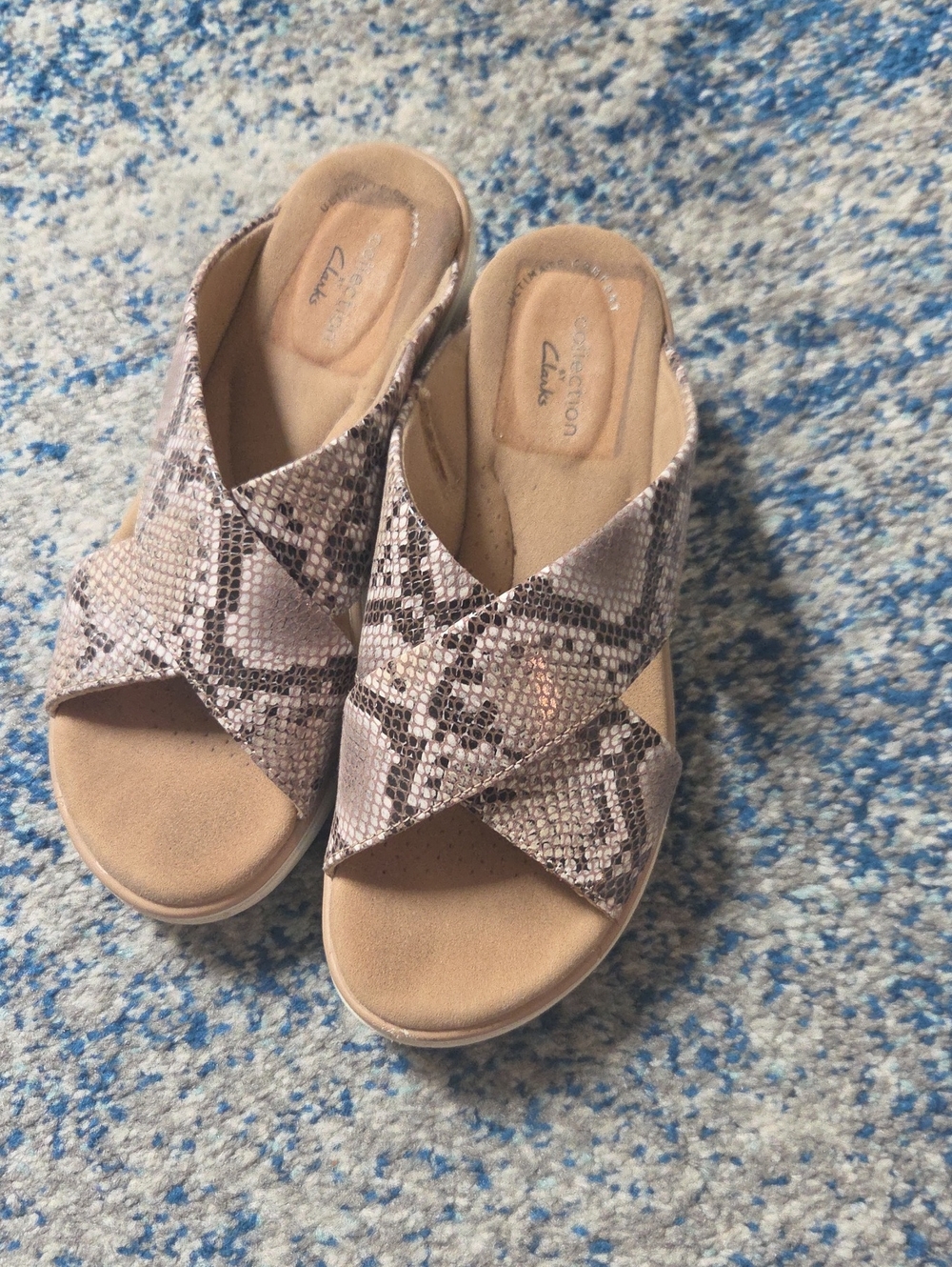 Clarks Women's Beige Taupe Snake-Print Slide Wedge Mules
